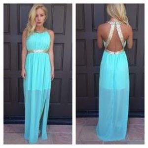 Mint and gold maxi / prom dress